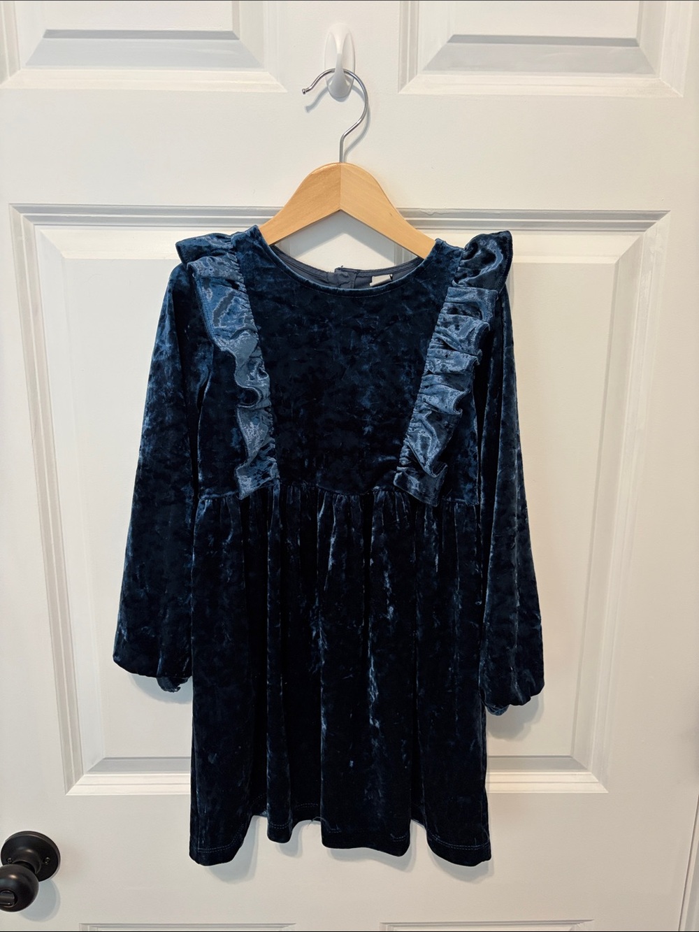Velvet Ruffle-Trim Girls' Dress - Navy